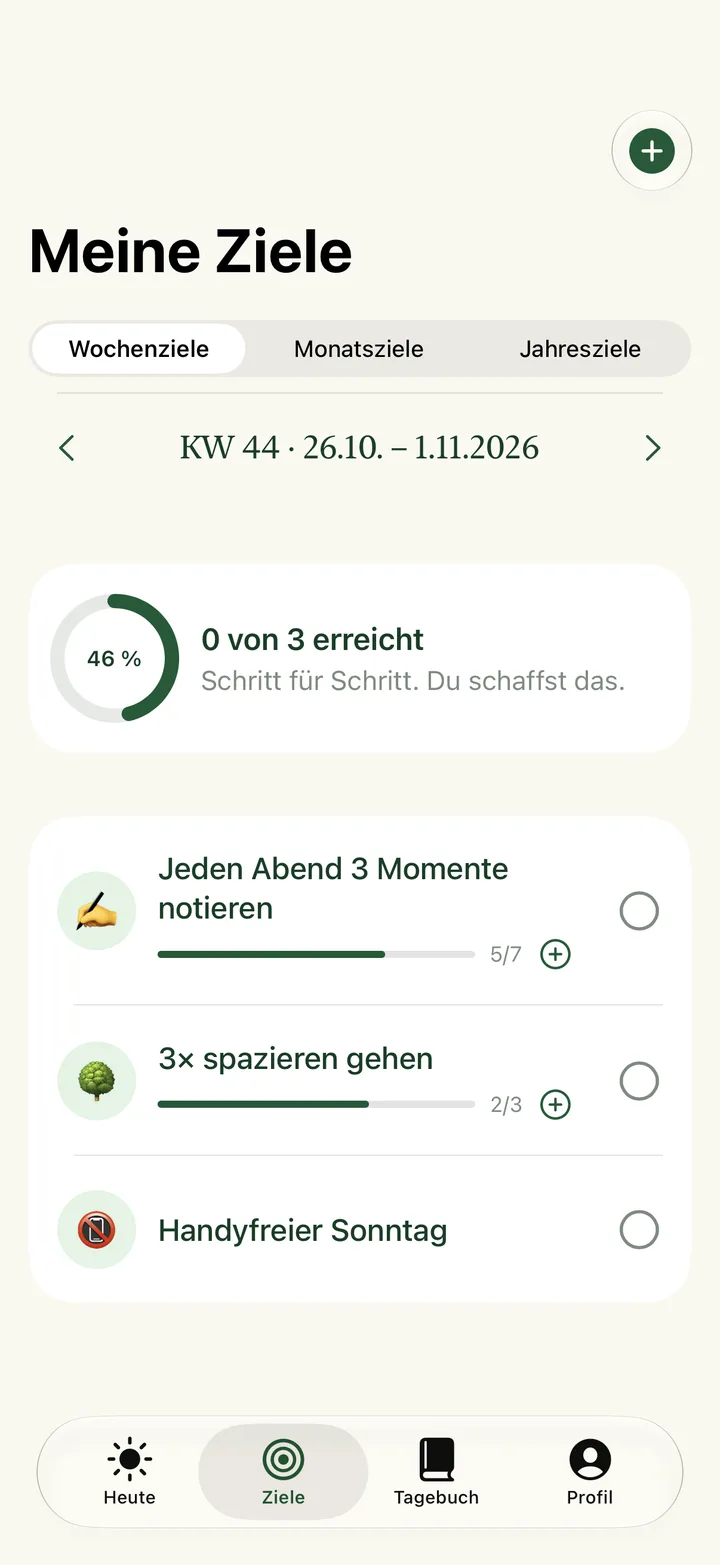 Ziele – Wochen-, Monats- und Jahresziele mit Fortschritt.